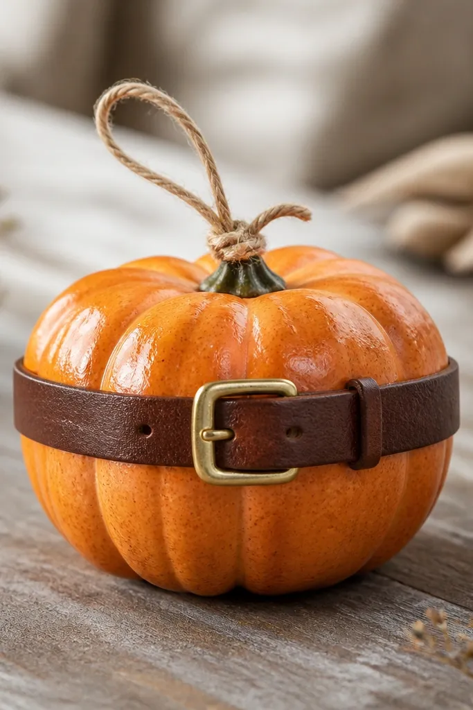 Mini pumpkin wrapped with a brown leather-look strip around the middle, with a small gold buckle at the front and a simple twine loop at the stem.