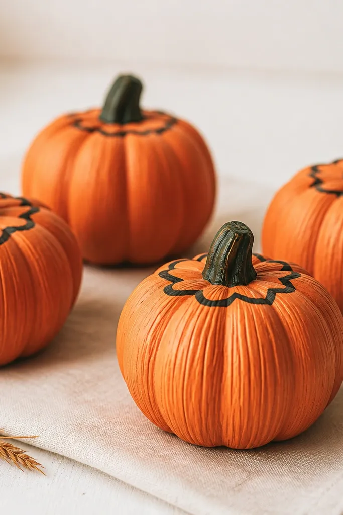 Mini pumpkins painted orange with raised texture lines like carved grooves, plus a small black outline around the top.