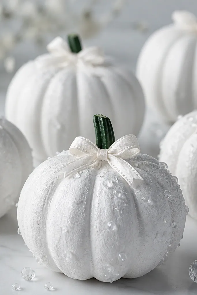 Mini pumpkins coated in white frost paint with scattered clear faux crystals, with the stem painted dark green and topped with a tiny bow.