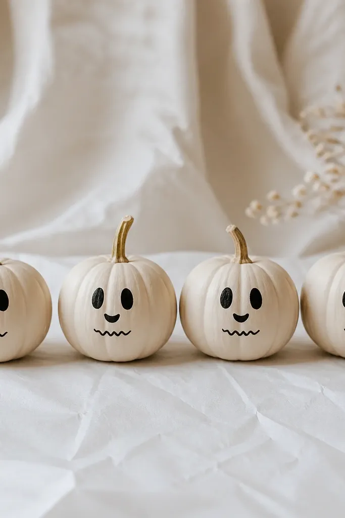 A row of small mini pumpkins painted matte cream, each with a simple black ghost face: two dots for eyes and a curved smile, plus a tiny wavy mouth line. The pumpkins sit on white paper with visible brush strokes around the eyes.