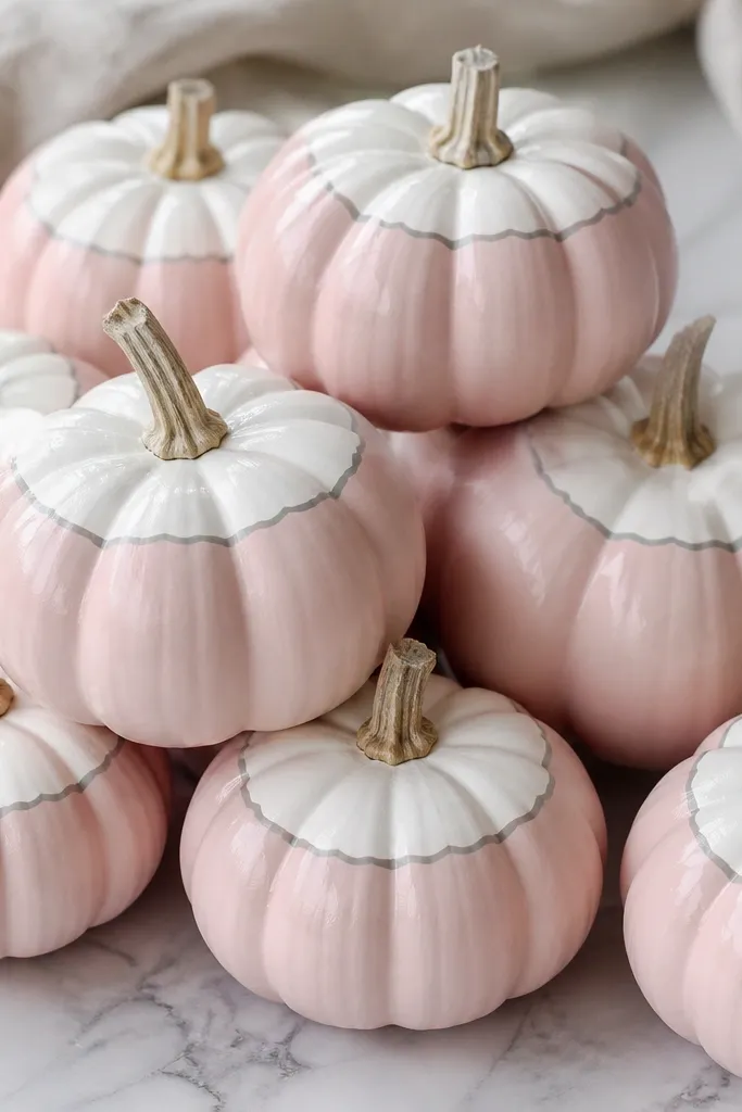 Mini pumpkins painted pale blush pink with crisp white half-moon tips at the top, like nail polish. Each pumpkin has a tiny thin gray line between blush and white, and the set is arranged in a tight cluster.
