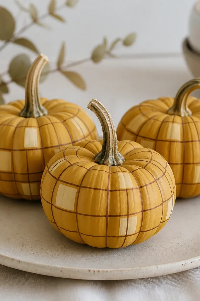 Small pumpkins painted mustard yellow with a grid pattern in dark brown. Each mini has thin lines forming squares, and some squares are filled with a lighter yellow for contrast.