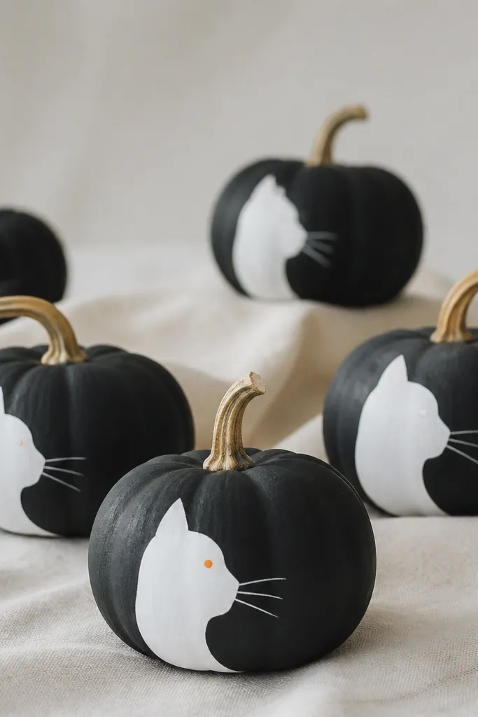 Mini pumpkins painted matte charcoal black with a white cat side profile on one side: triangular ear, curved nose, and a thin whisker line. A few pumpkins have tiny orange dot eyes.