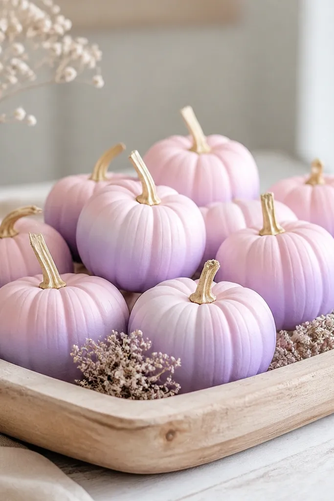 Mini pumpkins with a smooth ombre from pale pink at the top fading into lavender at the bottom. The paint edges are soft, with no hard lines, and the pumpkins are arranged on a light wood tray.