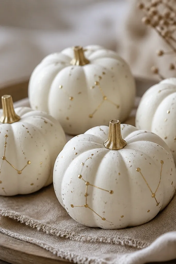 Mini pumpkins painted matte cream with tiny gold dots scattered like stars. Some dots connect with thin gold lines, forming simple constellation shapes.