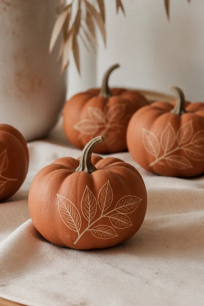 Mini pumpkins painted terracotta orange with delicate cream leaf line art on the sides. The lines look like a fine ink drawing, with veins and a small stem.