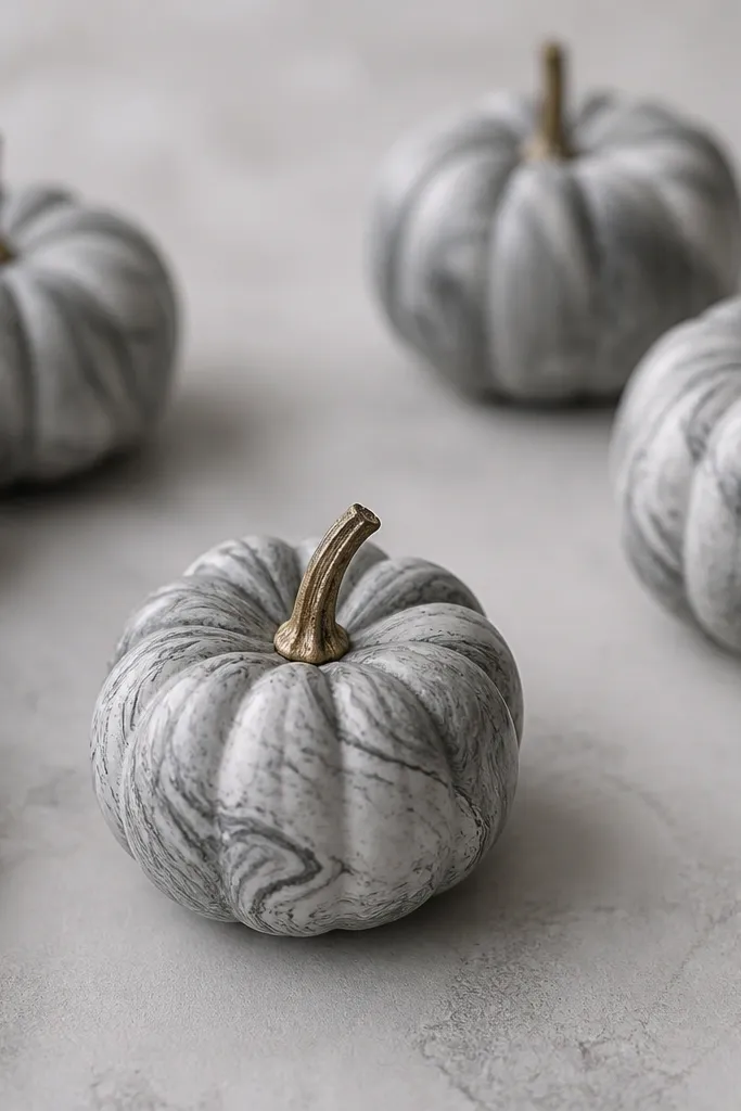 Mini pumpkins with a gray base and darker charcoal marble swirls. The swirls are thin and feathery, with a few white streaks for a marble effect.