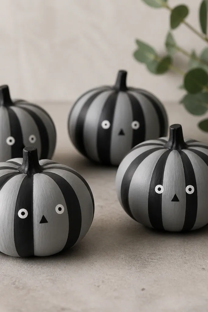 Mini pumpkins painted light gray with alternating black stripes around the body. Each pumpkin has a minimal face made of two small white eyes and a tiny black triangle nose.