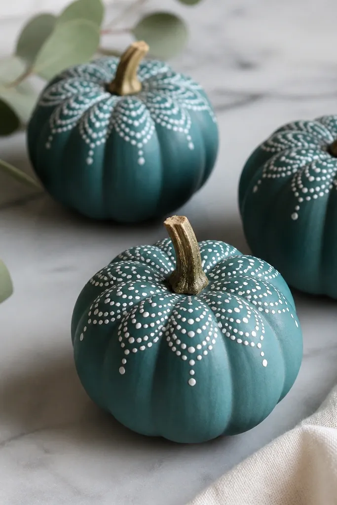 Mini pumpkins painted teal with a white dot pattern near the top like lace. The dots form curved arches around the stem area, and a few tiny dots trail down.