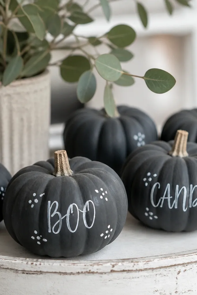 Mini pumpkins painted dark slate gray like chalkboard, with small white cursive labels reading 'BOO' and 'CANDY' on different pumpkins. Tiny white dots decorate the corners.