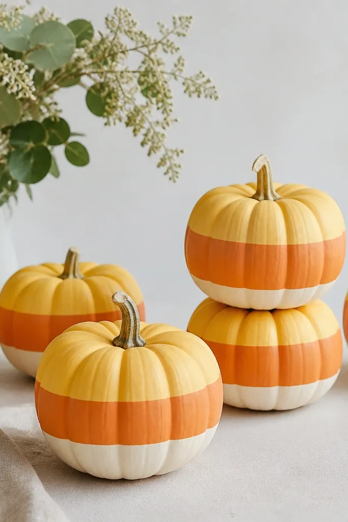 Mini pumpkins painted in three horizontal bands: pale yellow at the top, orange in the middle, and cream at the bottom. Each band is separated by sharp edges.