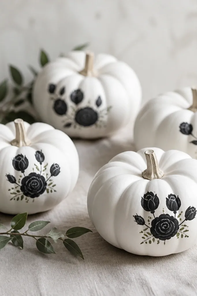 Mini pumpkins painted matte white, each with small black rose buds painted along one side. The roses have layered petals and tiny green dot accents near the base.