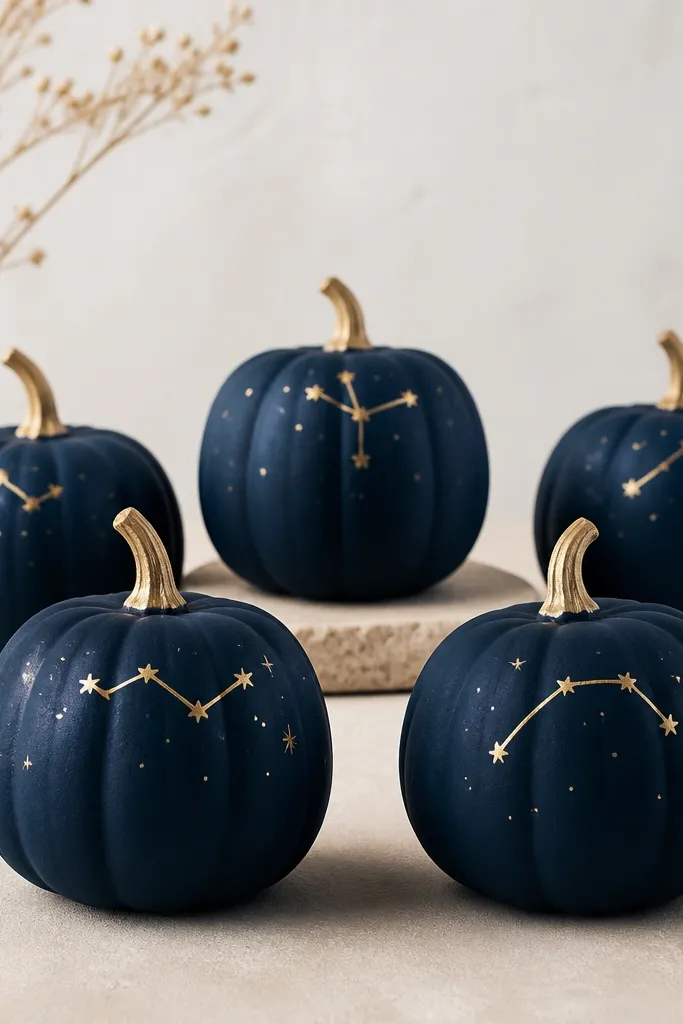 Mini pumpkins painted deep navy with small gold star dots and simple constellation symbols like a zigzag and a curved arc. Each symbol sits near the top third.