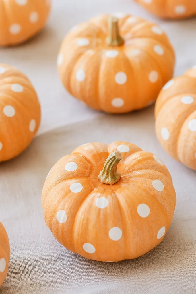 Mini pumpkins with a light orange wash that shows some pumpkin texture underneath, plus bright white polka dots scattered evenly. The stem area has slightly darker orange for contrast.