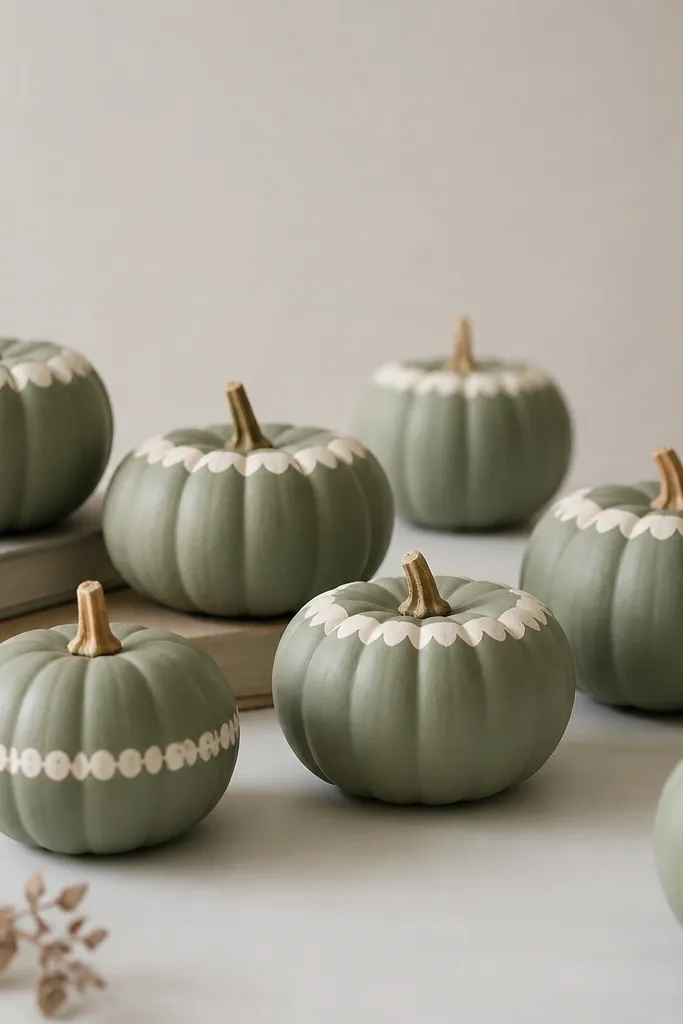 Mini pumpkins painted sage green with tiny cream scallops around the top rim, like a sweater cuff. Some pumpkins have a single scallop row at the middle.