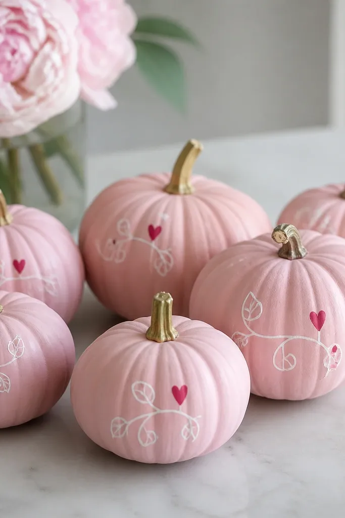 Mini pumpkins painted blush pink with thin white vines and small red hearts on one side. The hearts look hand-drawn, with slight asymmetry.