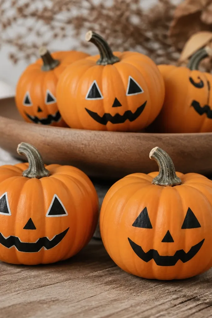 Mini pumpkins with orange base and simple carved-style faces painted on: triangular eyes and jagged smiles in black. A few pumpkins have a thin white highlight around the eyes.