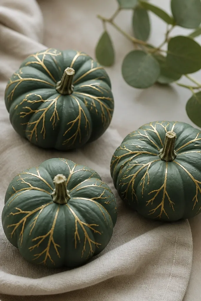 Mini pumpkins painted deep green with thin gold lines forming leaf veins spreading from the top. Some lines branch like a leaf skeleton, and the pumpkins have a matte finish.