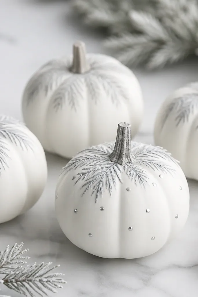 Mini pumpkins painted white with small pine branch tips in light gray near the top, like snow-covered greenery. A few pumpkins have tiny silver dot accents.