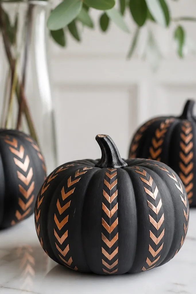 Mini pumpkins painted matte black with copper metallic chevron stripes running vertically. The chevrons are sharp and evenly spaced, with a clean finish.