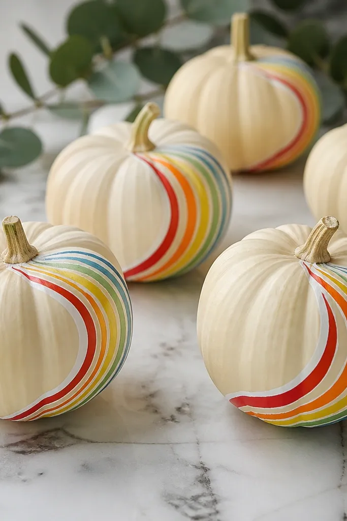 Mini pumpkins painted pale cream with a single curved candy swirl on one side. The swirl uses thin lines in red, orange, yellow, green, and blue, with a little white highlight line.