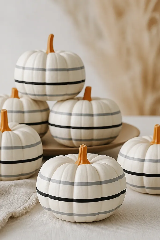 Mini pumpkins painted off-white with alternating thin gray and black horizontal bands around the body. The bands are evenly spaced and the stems stay natural orange.