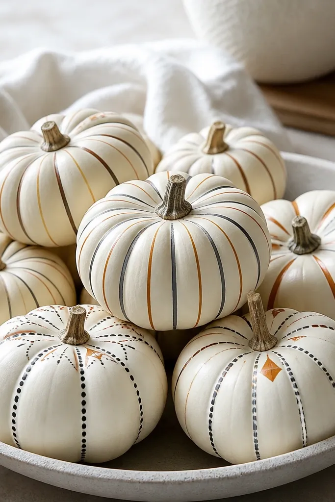 Mini pumpkins painted warm cream with thin rust and black stripes in a Scandi style. Some pumpkins have a small triangle accent near the stem and a tiny dot border.