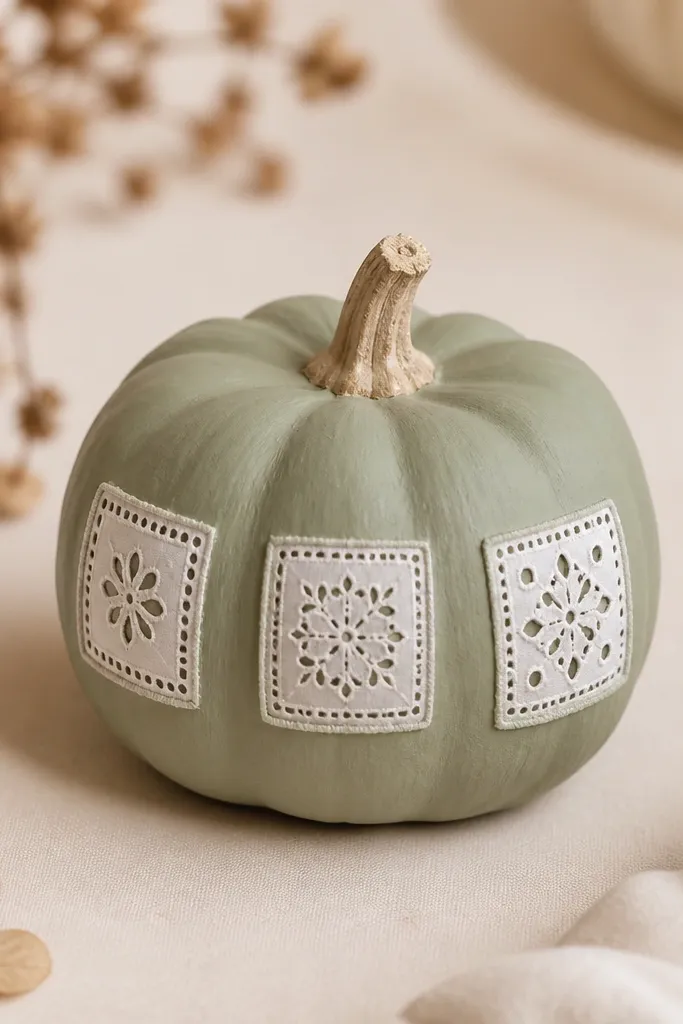 A small matte sage-green mini pumpkin painted with three tiny white eyelet lace panels. The panels look like stitched fabric squares, with small punched holes and a faint raised outline around each panel. The pumpkin stem is left natural and the background is a warm cream tabletop.