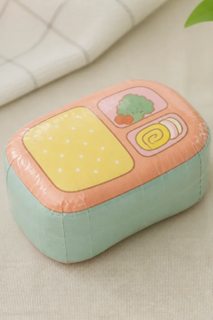 A small squishy shaped like a bento lunch box, with a pale mint outer paper, a peach lid panel, and tiny drawn compartments in yellow and light pink. The top has a subtle rounded dome and looks slightly glossy where the clear tape is used.