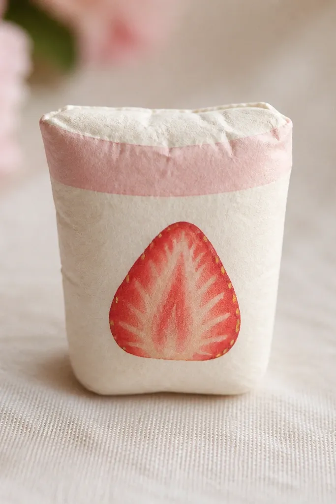A mini paper squishy cup with a creamy white base, light pink band near the top, and a drawn strawberry slice on the front. The top rim is slightly curved and the cup looks soft and pillowy.