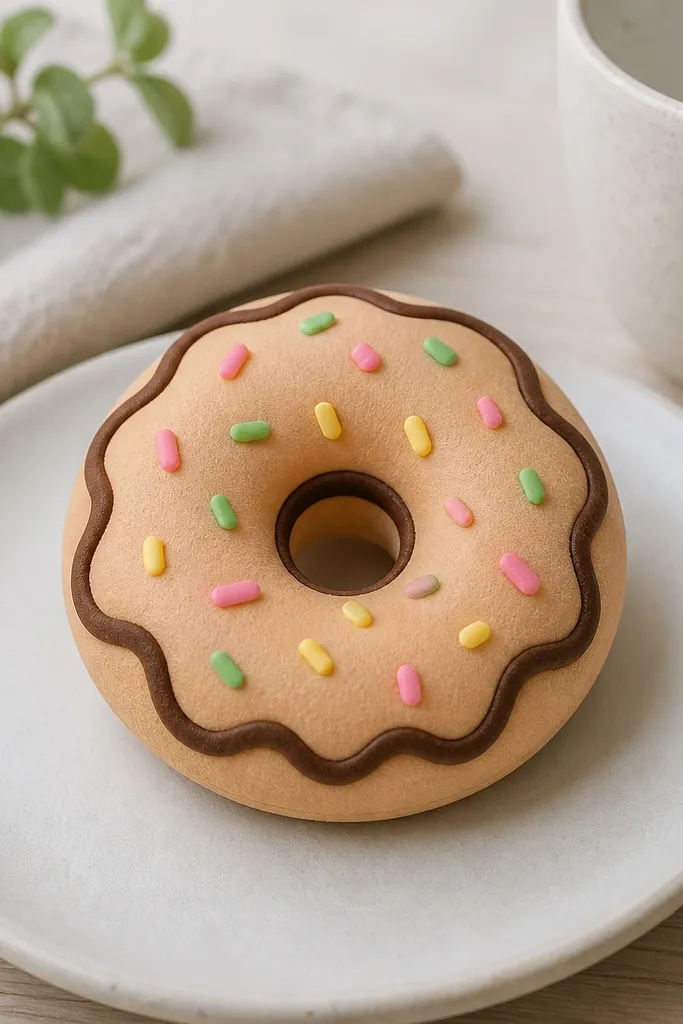 A small ring-shaped squishy donut with a light tan base, a darker chocolate outline, and scattered tiny sprinkles in pink, green, and yellow. The center hole is visible and the donut looks puffy.