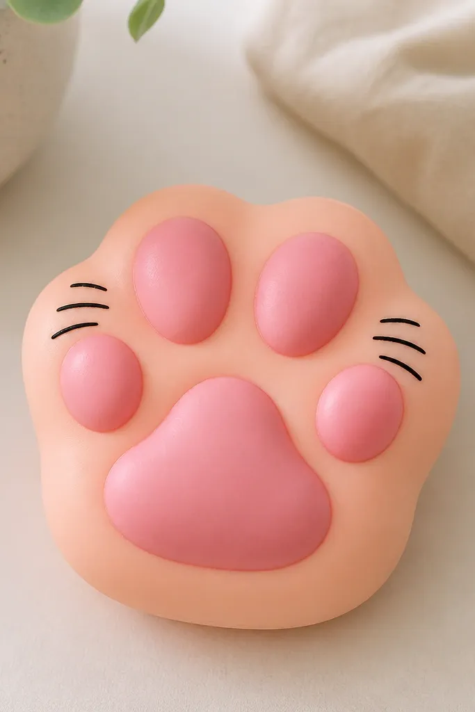 A cat paw print shaped squishy with a peach outer color, darker pink toe pads, and small black whisker-like lines drawn near the top. The edges look rounded and soft.