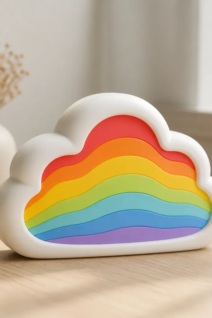 A puffy cloud squishy with layered rainbow paper stripes from red to violet inside the cloud shape. The cloud has a rounded top and a soft white outer edge.