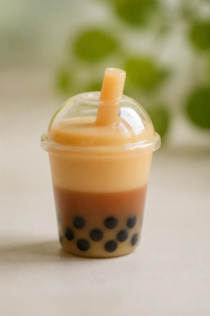 A mini bubble tea squishy cup with a translucent-looking light caramel body, a darker brown band for tea, and black tapioca pearls on the front. The top is a small domed lid with a straw sticking out.
