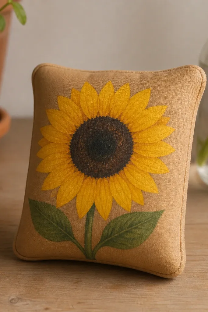 A small squishy shaped like a seed packet, with a kraft-brown base, bright yellow sunflower illustration, and a faint green stem. The packet has soft rounded corners and looks puffed.