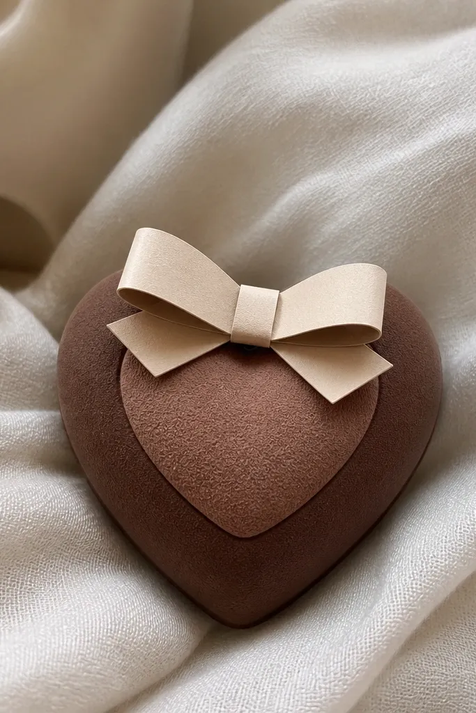 A heart-shaped squishy with brown outer layers, a slightly lighter brown center, and a soft matte finish. A small paper bow sits on top in muted cream.