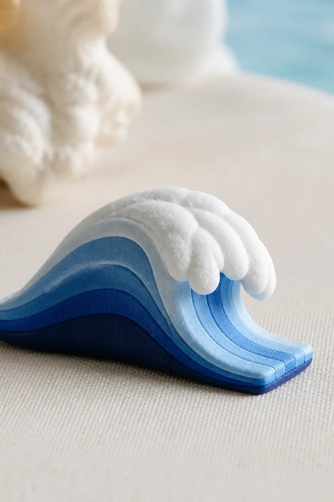 A small wave-shaped squishy with layered blue paper bands and a white foam edge. The wave is slightly arched and looks soft, like a tiny ocean pillow.