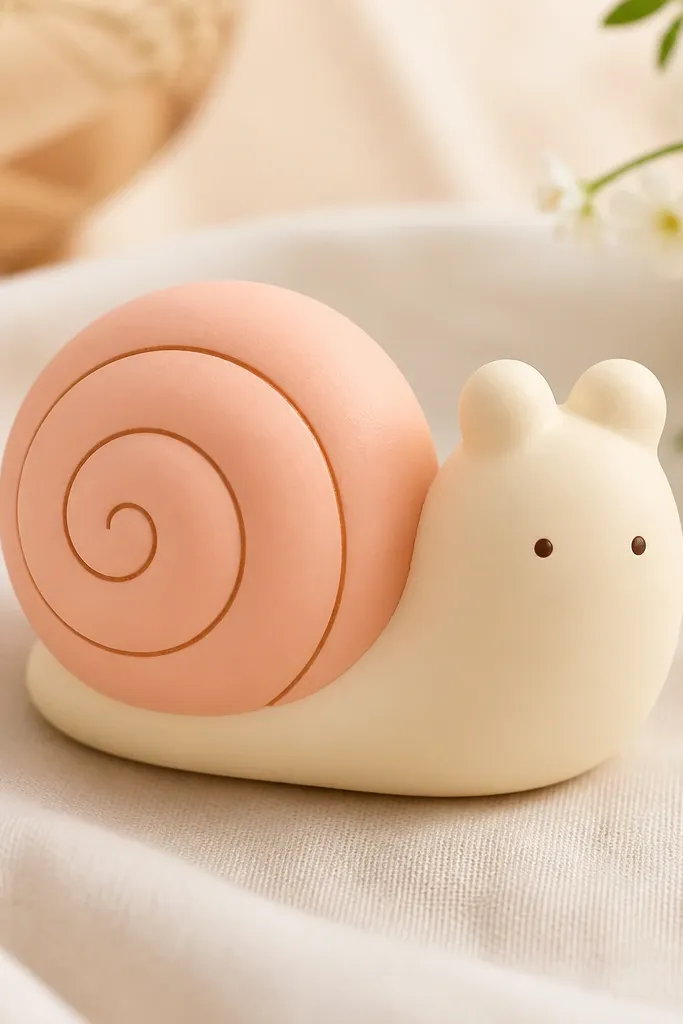A snail-shaped squishy with a peach shell spiral and a cream body. The shell spirals inward with thin darker lines, and the body looks rounded with two tiny eye dots.
