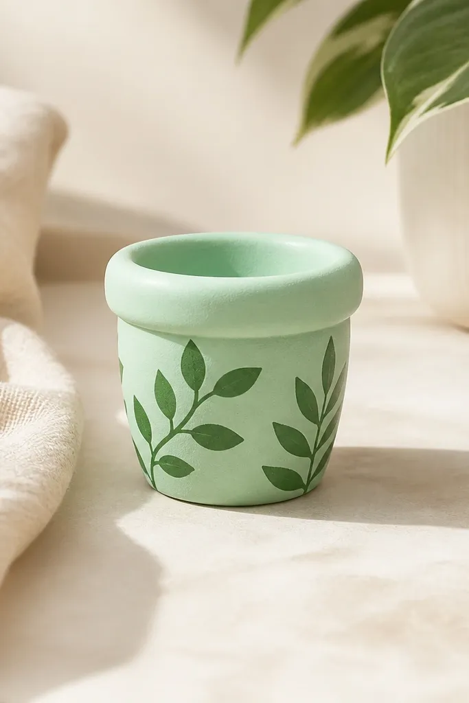A tiny cup squishy shaped like a paper plant pot, colored mint green with darker green leaf prints. The top looks like a rolled rim and the sides curve softly.