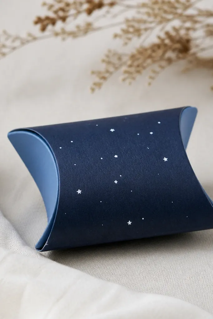 A small pillow-like squishy with deep navy outer paper, lighter blue inner panels, and scattered white star dots. The corners are rounded and it looks soft and cushiony.