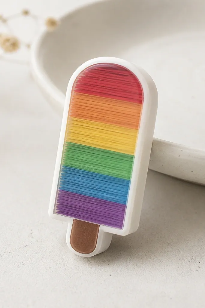 A popsicle-shaped squishy with stacked layers of rainbow paper inside a white outline. It has a small wooden stick look created from a brown paper strip, and it sits like a tiny frozen treat.