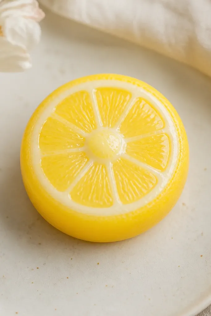 A small circular lemon slice squishy with a bright yellow outer ring, a lighter center, and tiny white segment lines. The center has a slight dome and looks juicy.