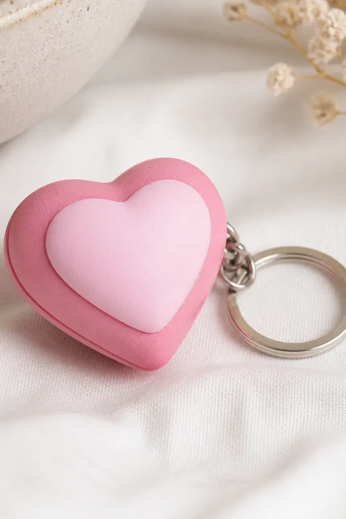 A small heart squishy with pink outer cardstock, a lighter pink inner heart, and a metal keychain ring attached. It looks like a mini charm with a soft dome and clean edges.