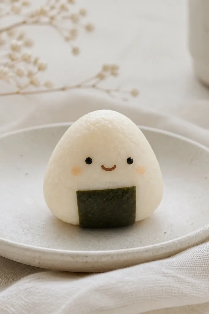 A tiny rice ball squishy shaped like a rounded triangle with a seaweed strip around it. It has simple black-and-brown face details and a soft cream color.