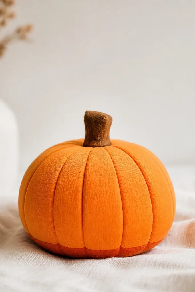 A small orange pumpkin squishy with vertical paper ridges, a brown stem, and a slightly darker orange base. It has a rounded top and looks stuffed and soft.