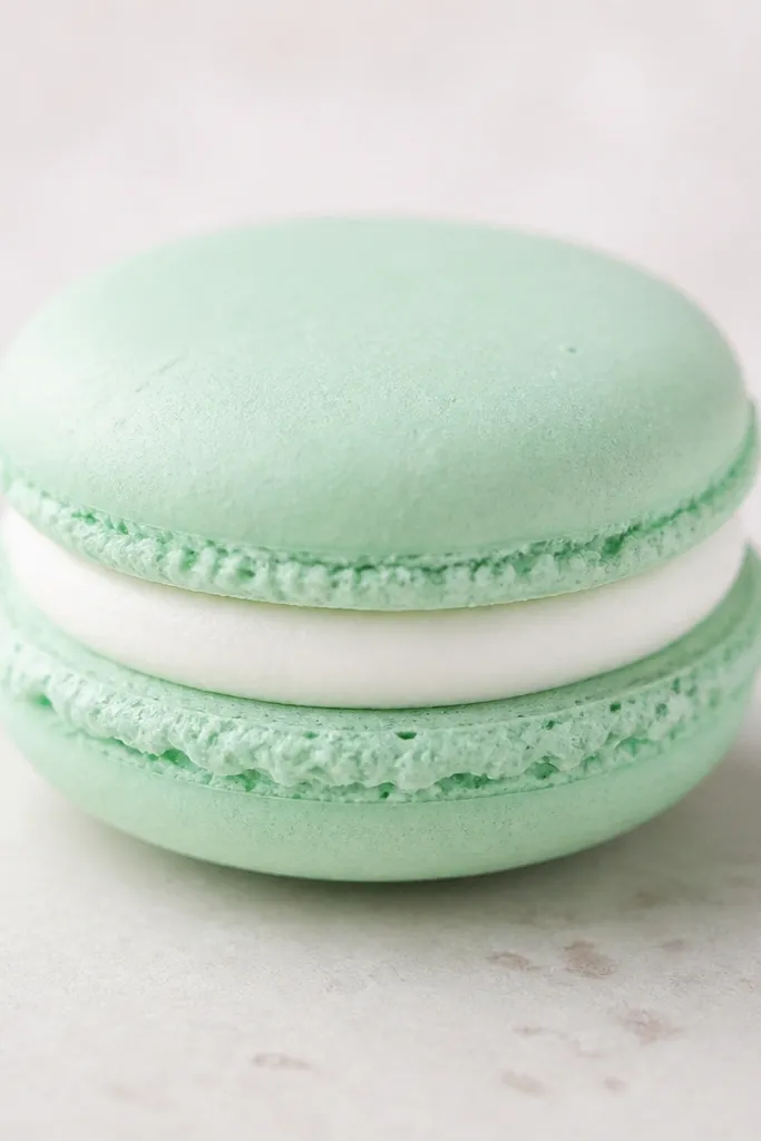A pair of macaron shells squishy stacked like a sandwich, with mint green outer circles, a white filling layer, and tiny scalloped edges. The macarons look rounded and soft.
