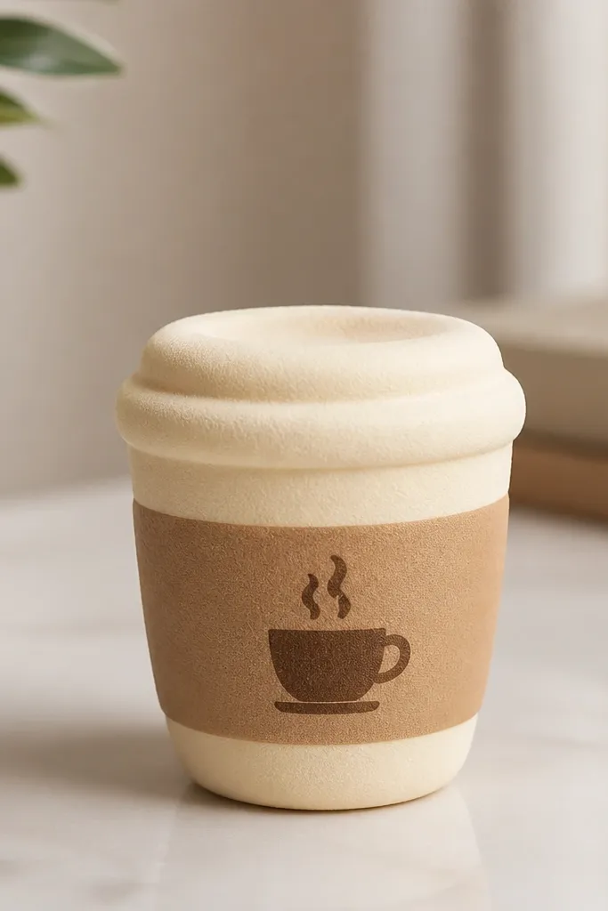 A mini coffee cup squishy with a tan sleeve look, a cream cup top, and a simple brown coffee icon on the front. The squishy has a rolled top edge and a soft curved body.
