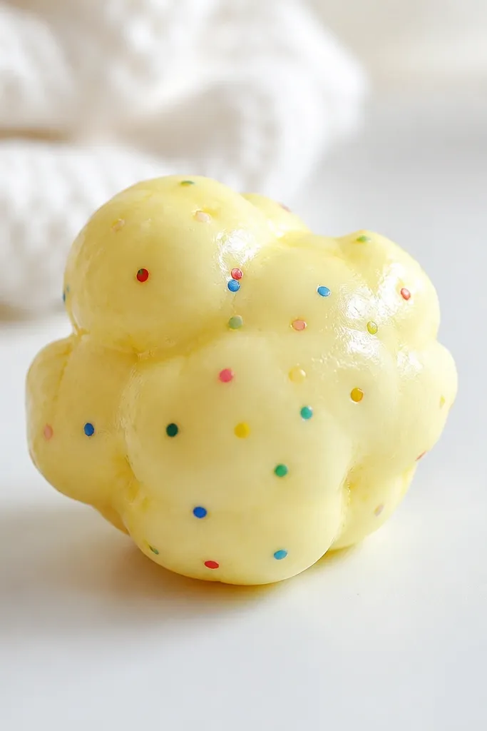 A small popcorn kernel squishy with a rounded irregular shape, colored in buttery yellow with tiny confetti dots in red, blue, green, and yellow across the surface. It looks puffy with a soft shine from tape edges.