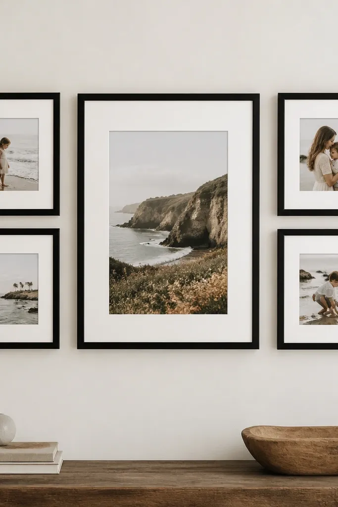 A tight grid of frames where one large 8x10 is centered, with two vertical lanes of smaller 5x7 frames on each side. The wall is off-white, frames are matte black, and there is consistent spacing with white photo mats showing between frames.
