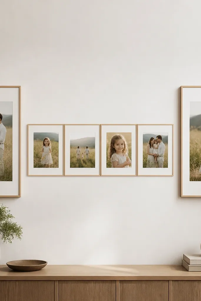 Three-part collage: two tall 8x10 frames standing vertically on the left and right, with a wide horizontal strip of four 4x6 photos in between. The frames are off-white with a soft wood trim, and the photos have light borders.